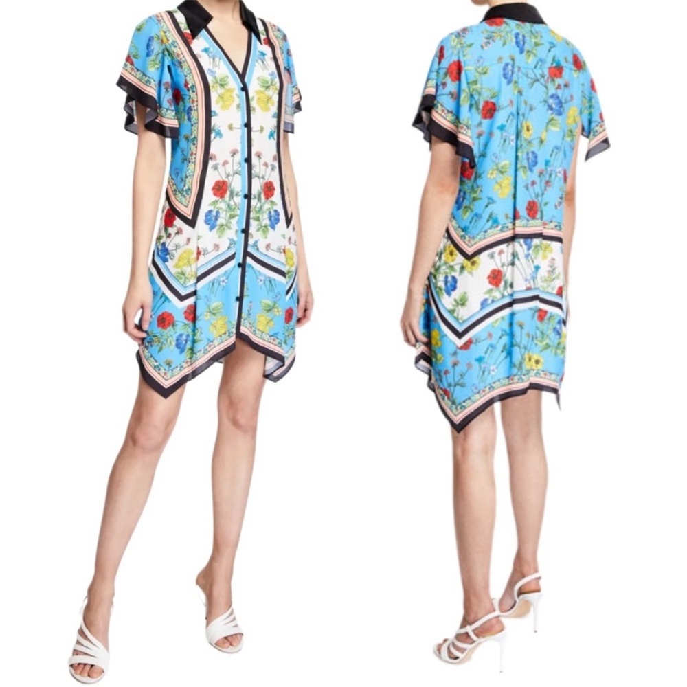 Alice + Olivia Conner Floral Scarf Handkerchief Floral Shirt Dress Size Medium - Picture 2 of 15